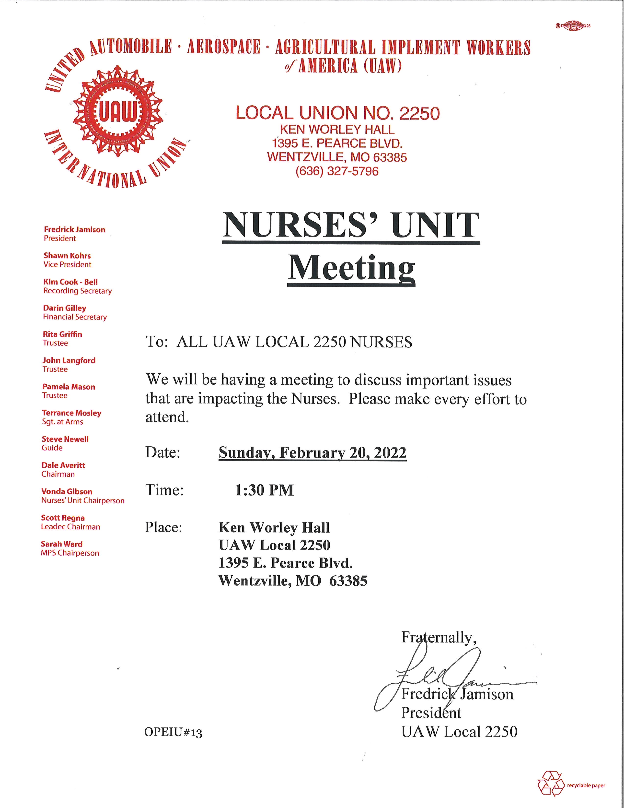 Notice: Nurses Meeting At The Hall
