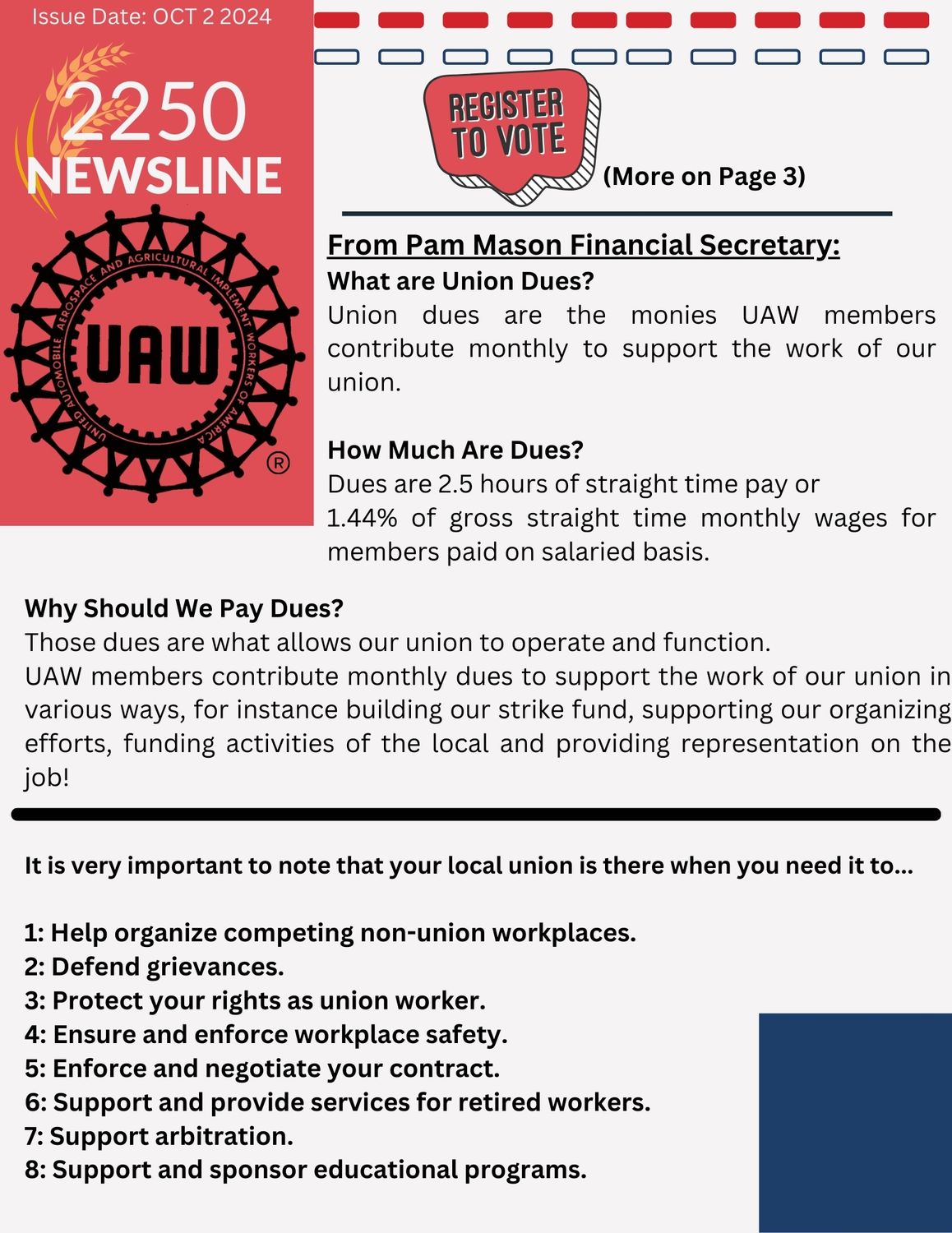 NEWSLINE: Voter Registration Tomorrow, Union Dues, Veterans Committee Report!