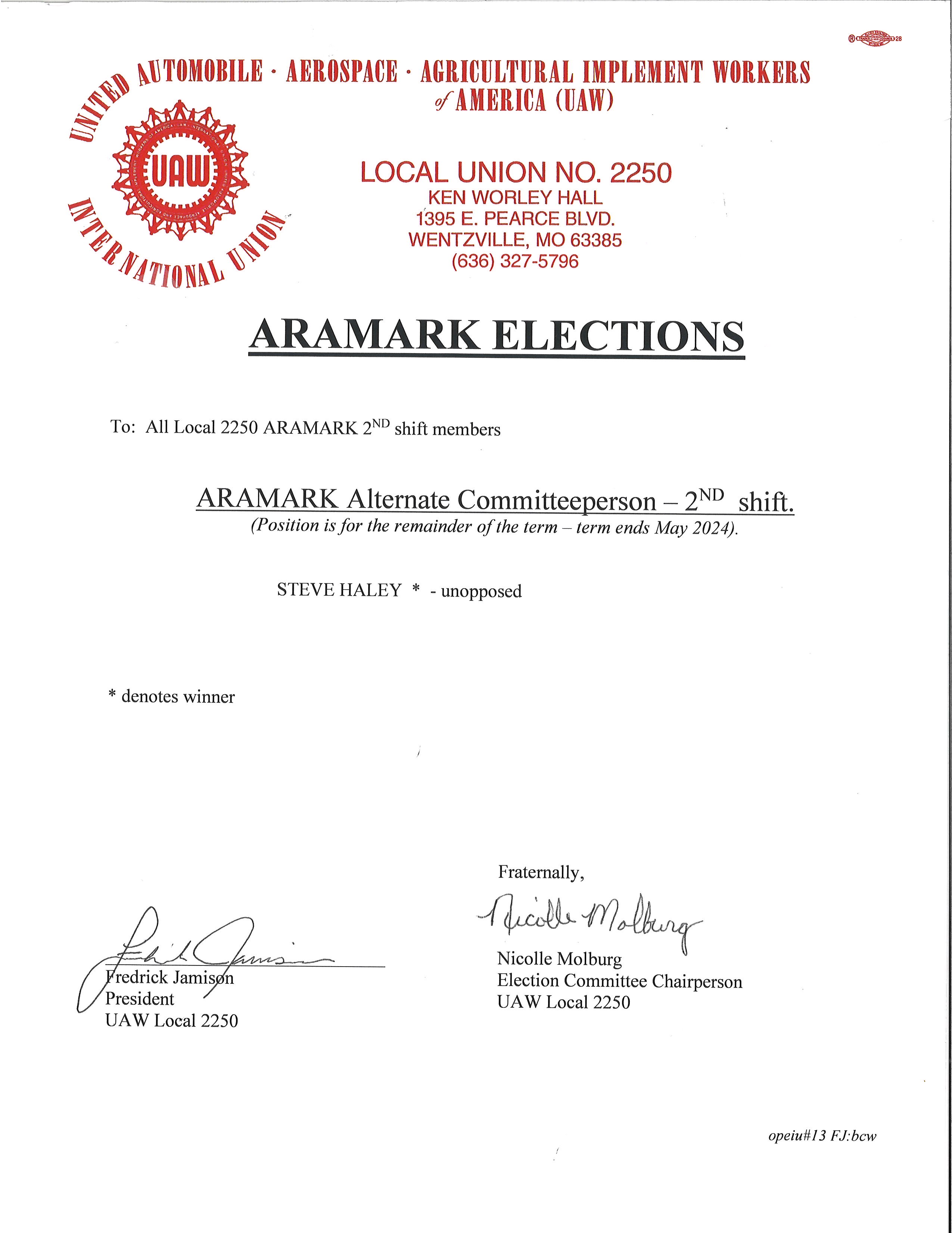 Election Notice: Aramark