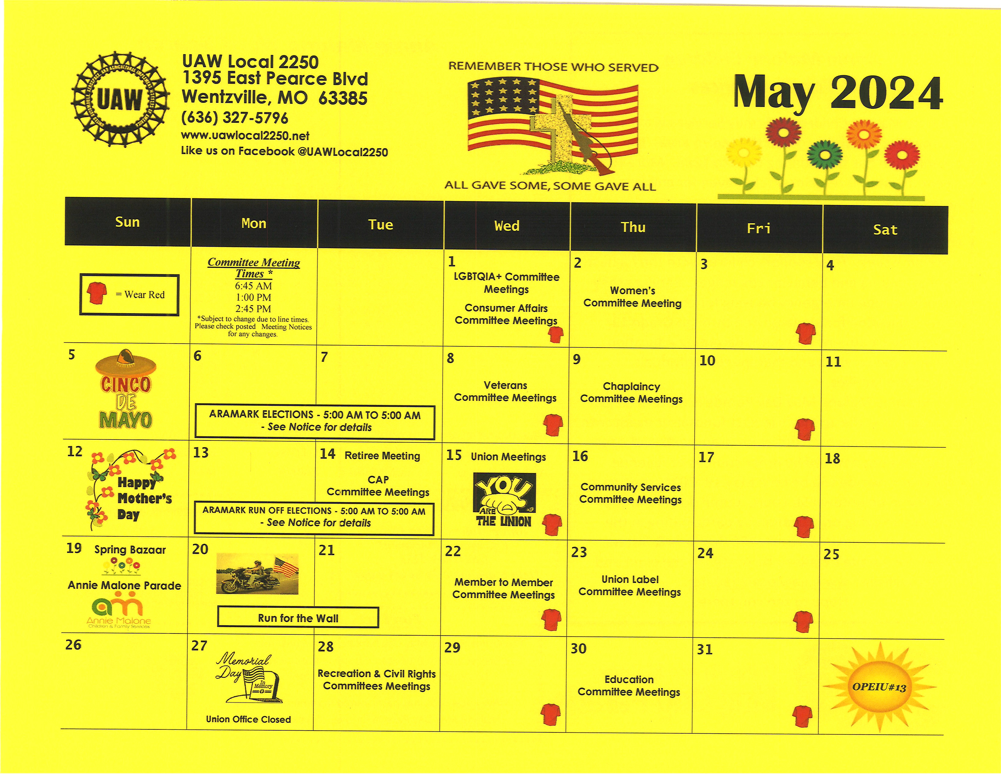 May Calendar: Aramark Elections, Run For The Wall, and More!