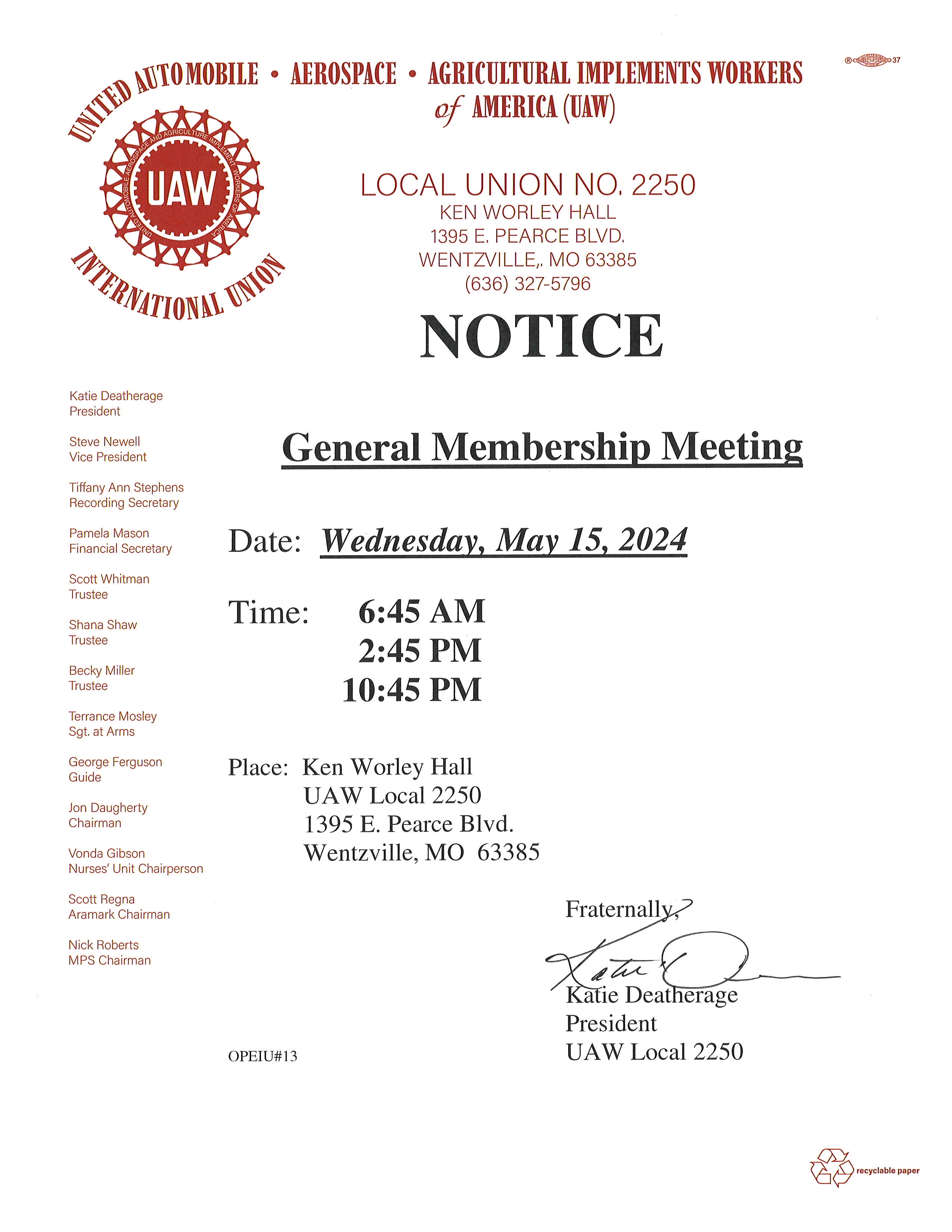 May 15th Membership Meeting
