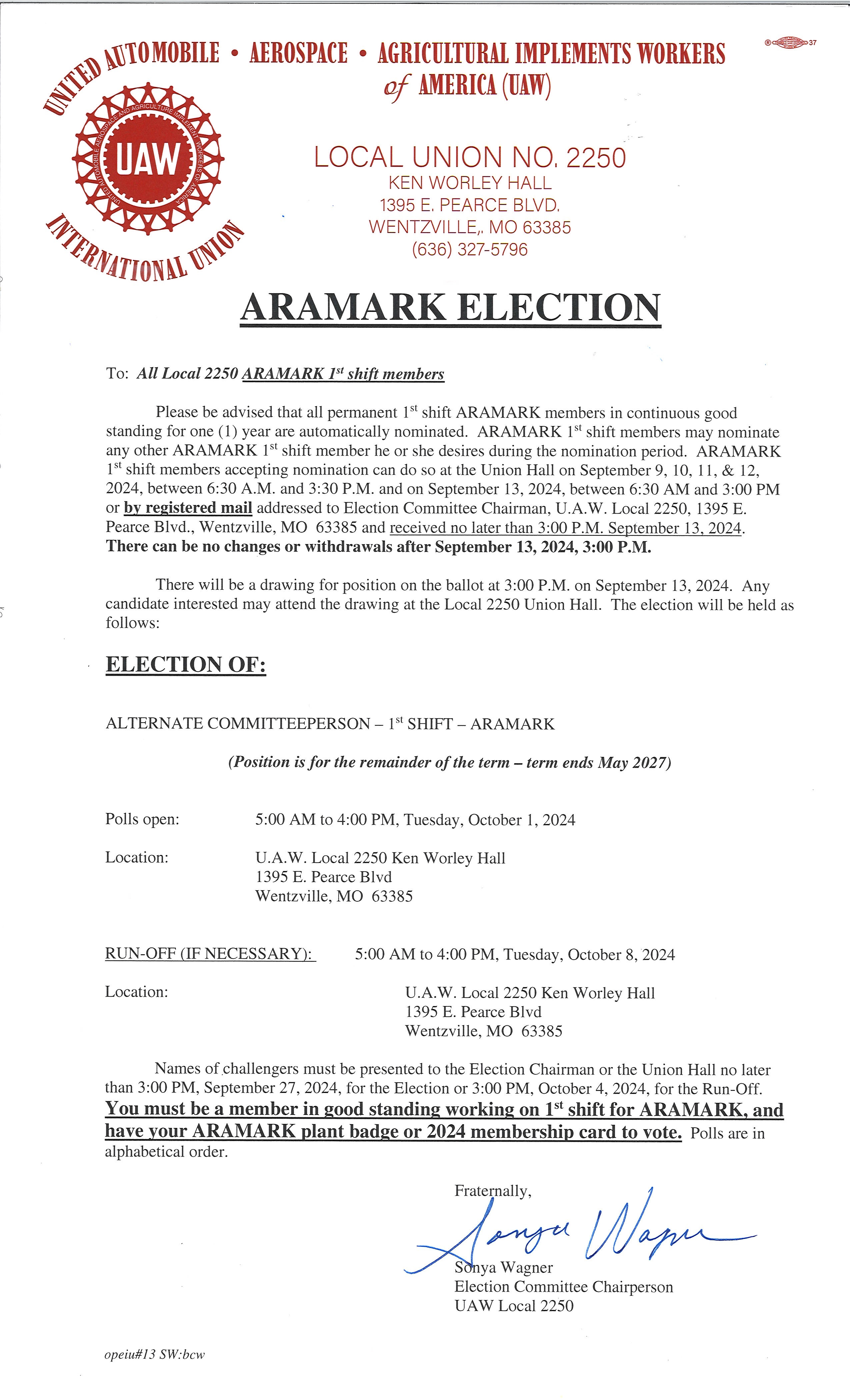 Election Notice: Aramark