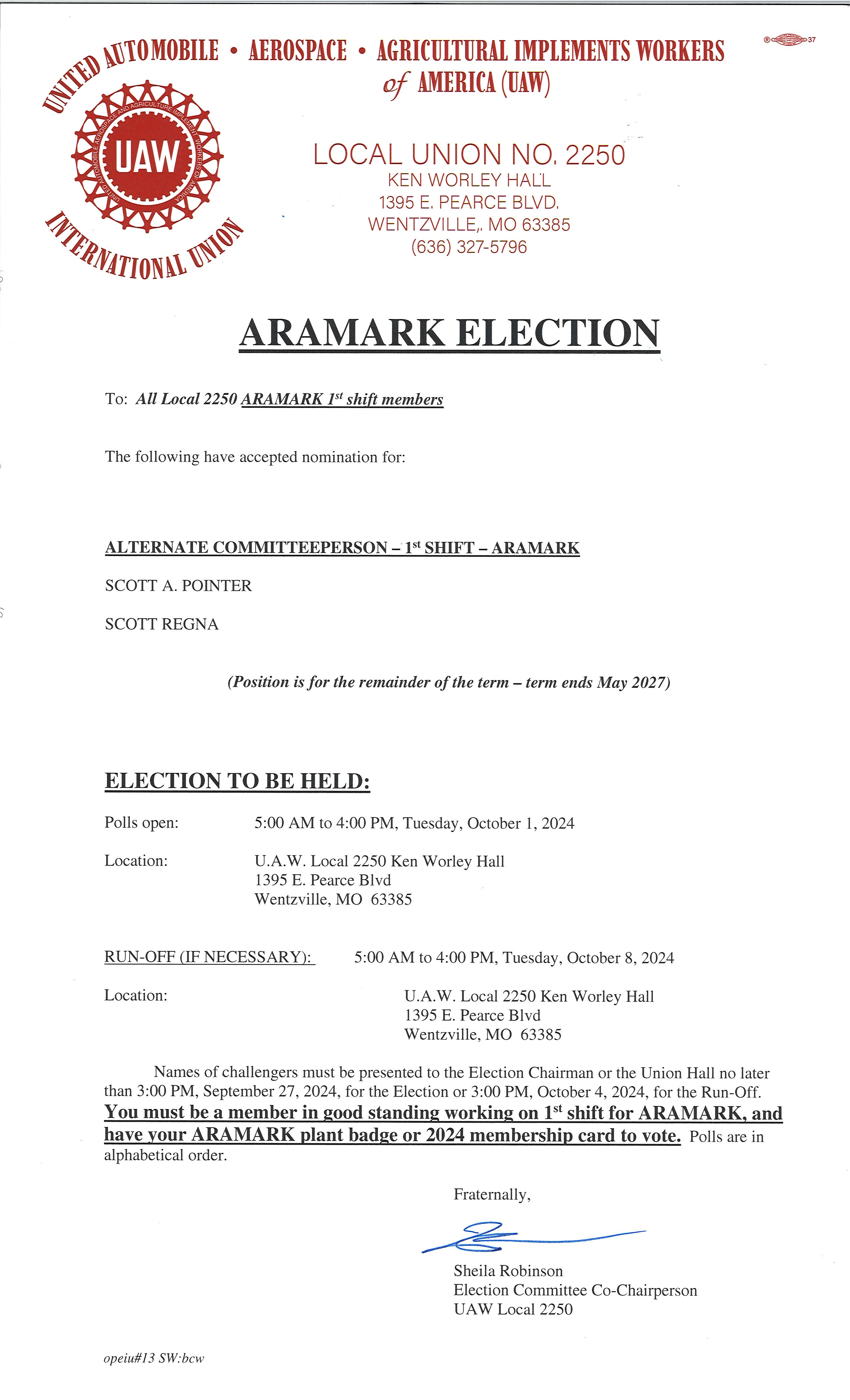 Election Notice: Aramark Unit, 1st Shift Alternate Committeeman