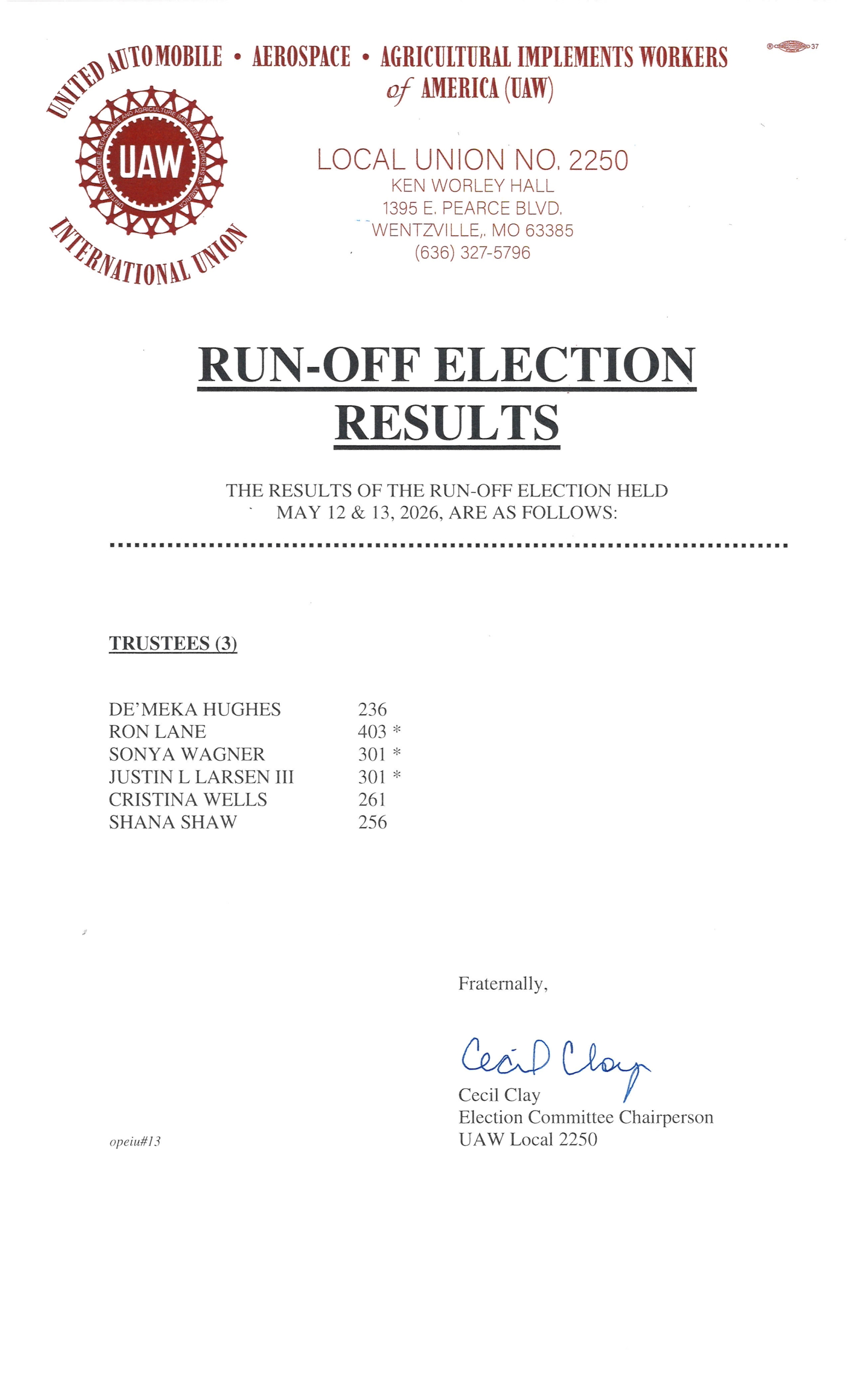 Election Results; Trustee Run-Off