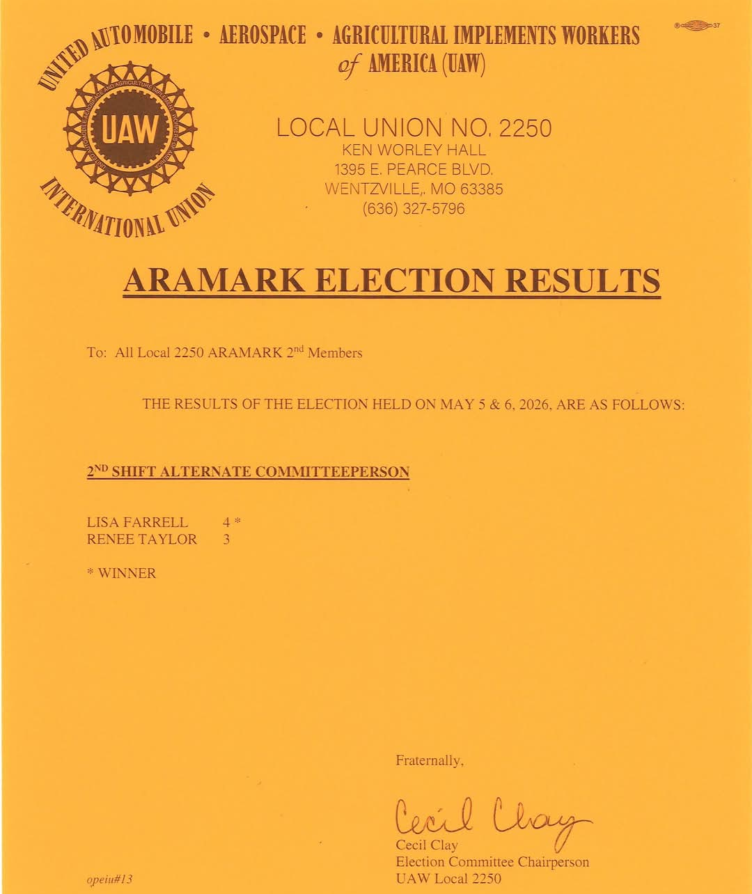 Election Results: Aramark Committeeperson