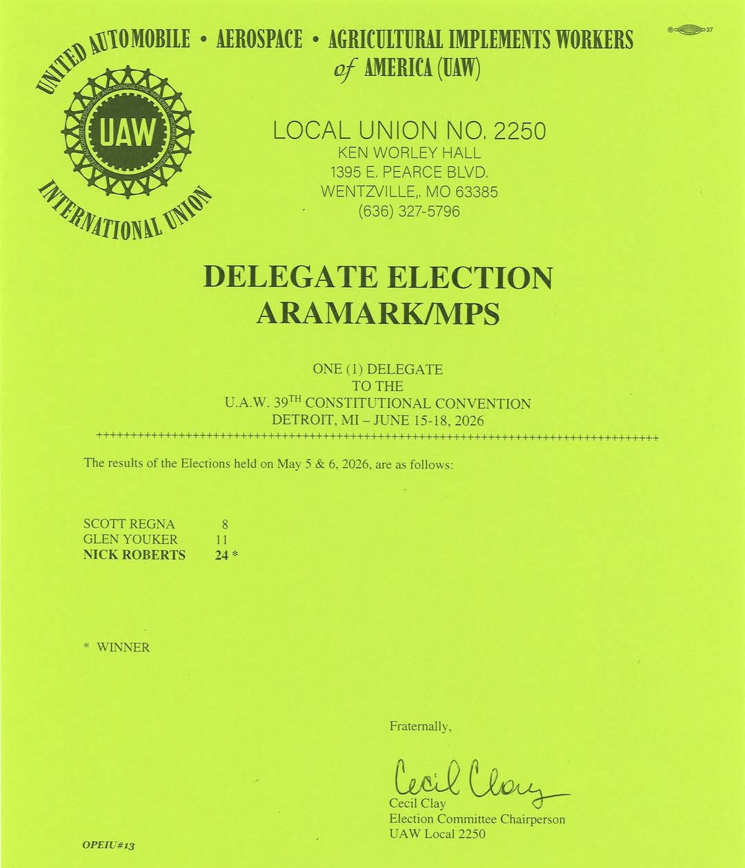 Election Results: Aramark/MPS Delegate