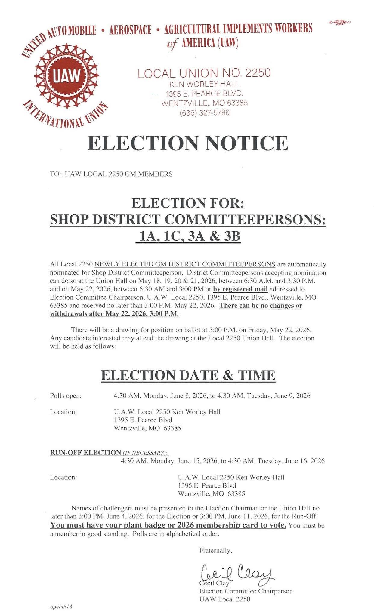 Election Notice: Shop Committeeperson