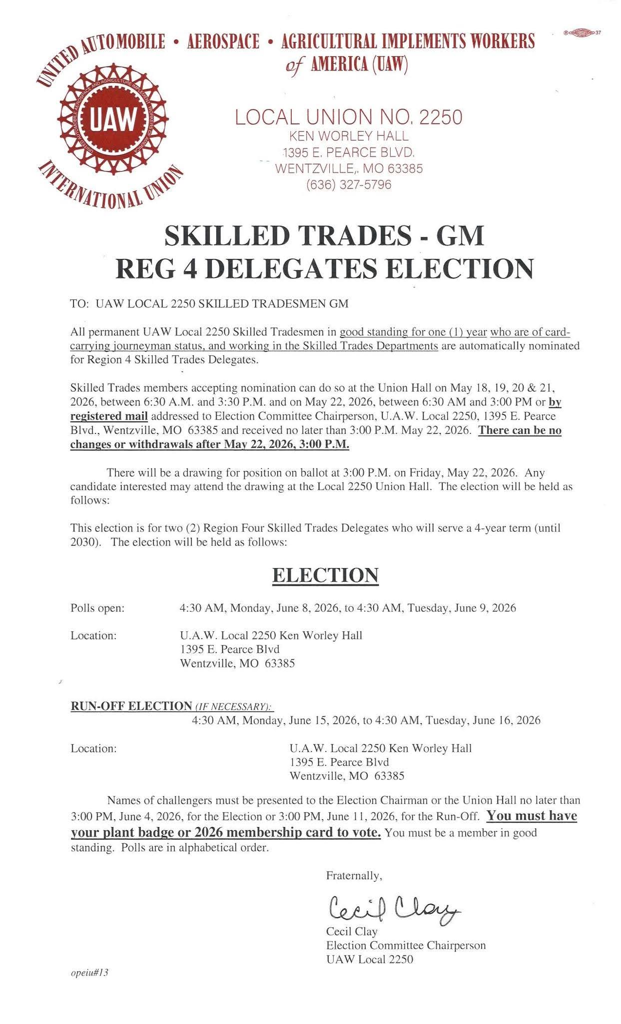 Election Notice: Skilled Trades Delegate