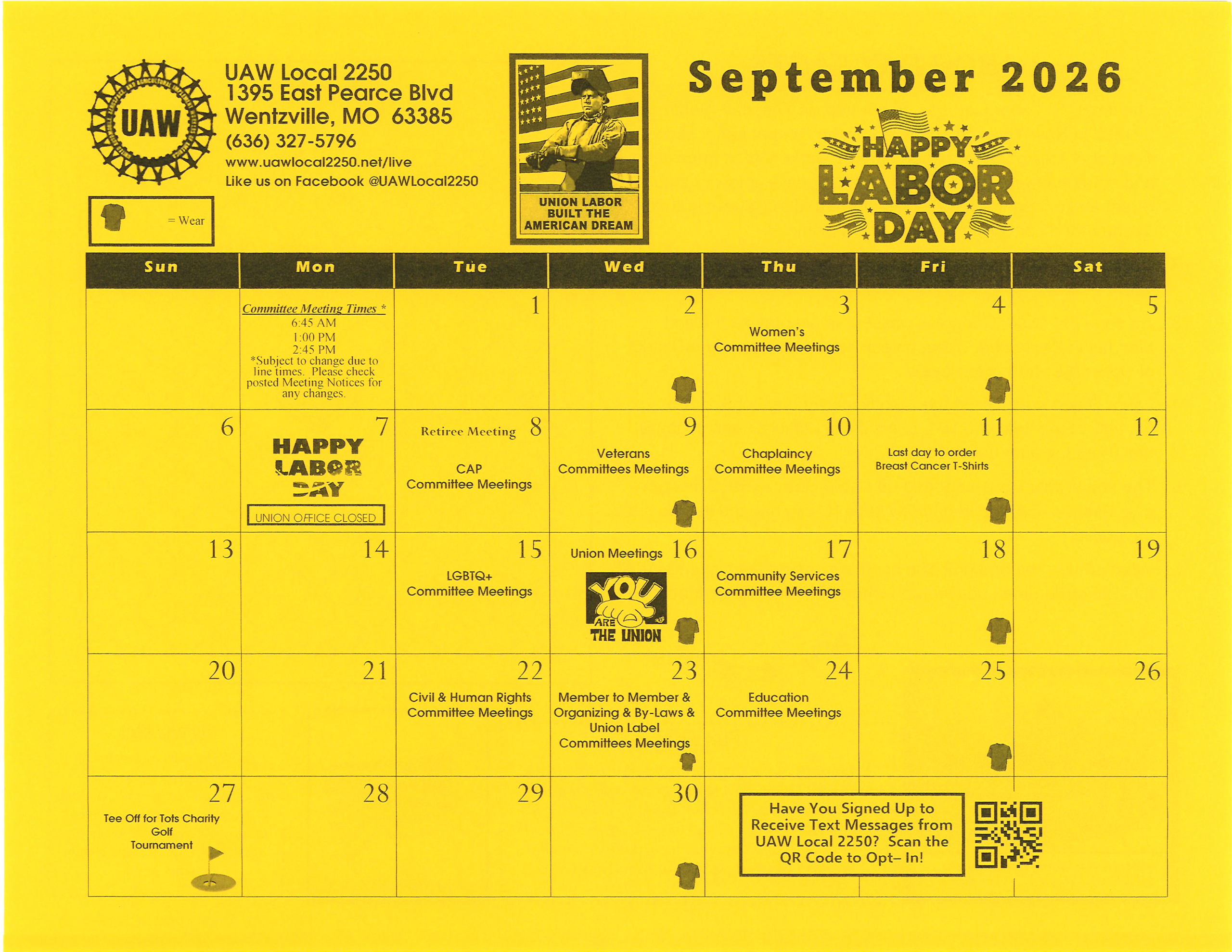 September Calendar: Labor Day, Union Meetings, and Golf Tournament