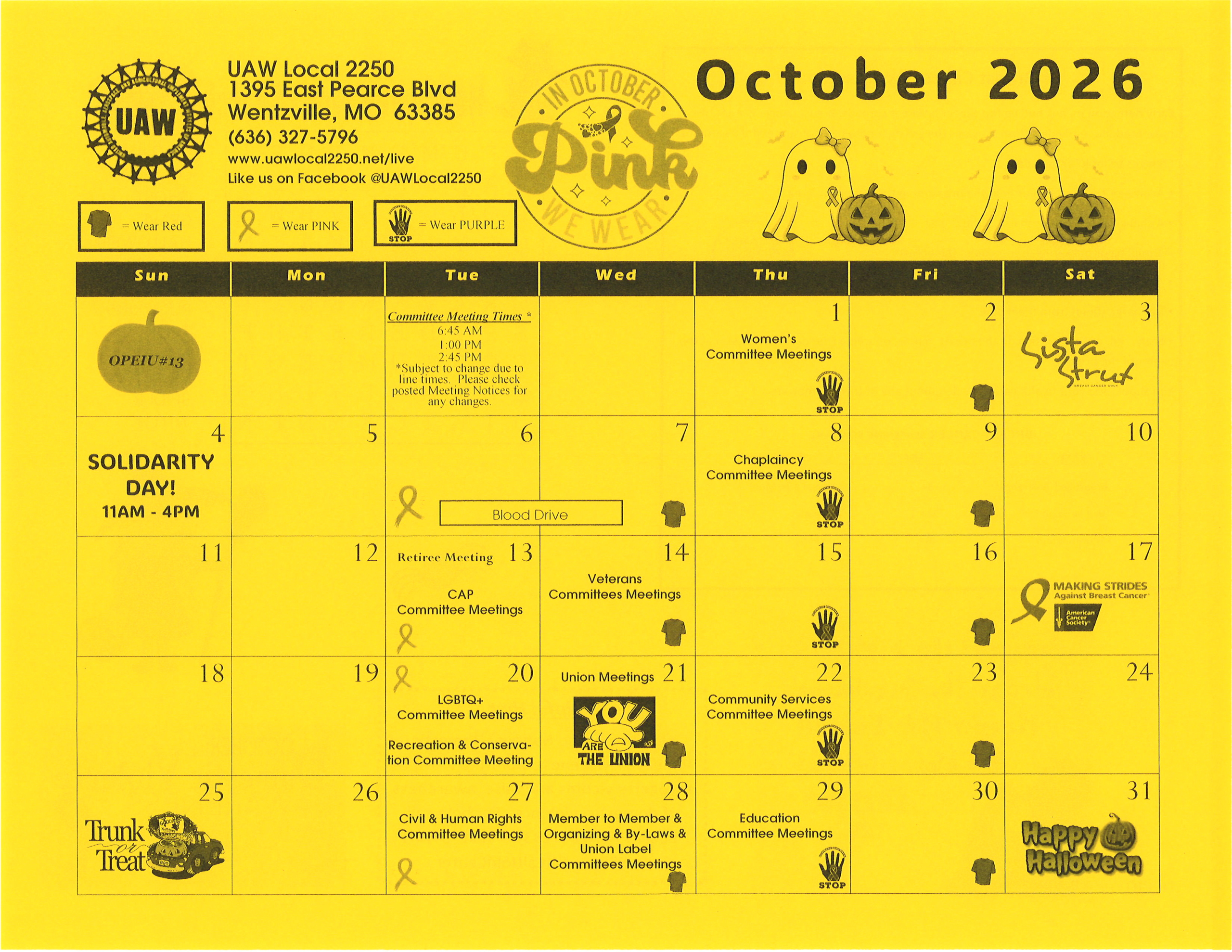 October Calendar; Solidarity Day, Retiree Meeting, Membership Meeting!